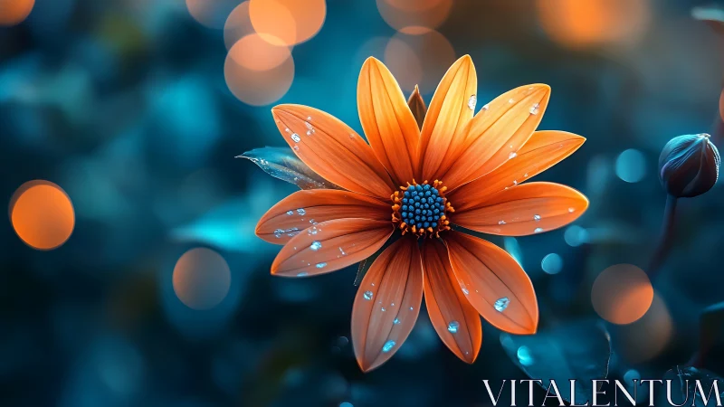 Orange Daisy with Water Droplets Against Blue Bokeh Background