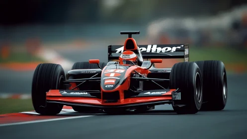Red Formula race car accelerates through fast circuit corner.