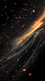 Orange particle stream curves across dark abstract space field