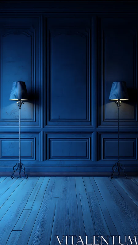 Symmetric blue paneled wall with twin floor lamps glowing.