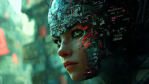 Cybernetic female portrait integrates dense PCB cranial armor