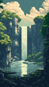 Vertical pixel landscape showing waterfall, cliffs, foliage.