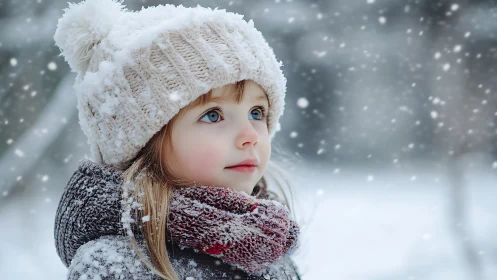 Child in knitted winter cap exhibits refined photorealistic rendering with crystalline snow accumula