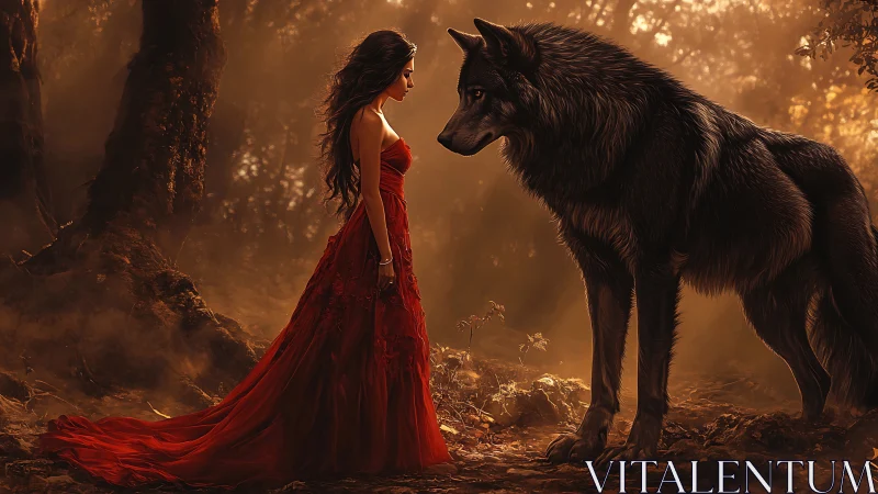 Enchanted woman in red gown confronting colossal wolf form.