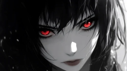 Monochrome anime portrait isolates face with intense red eyes