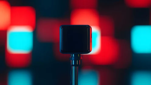 Modern action camera on tripod with colorful neon bokeh background.