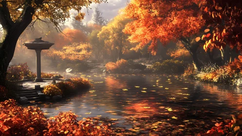 Gentle autumn riverside with glowing trees and quiet shrine.