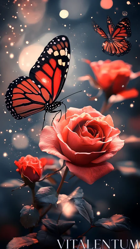 Enchanted monarch butterflies over glowing scarlet roses.