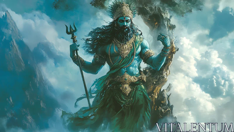 Mythic blue deity strides through stormlit celestial clouds