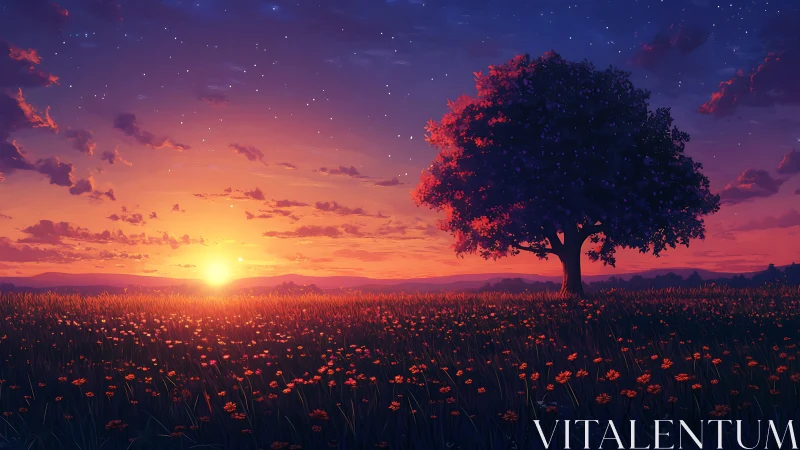 Sunset over wildflower field with solitary tree under sky.