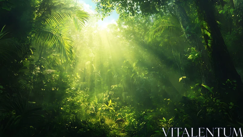 Radial sunshaft penetration across dense tropical understory.