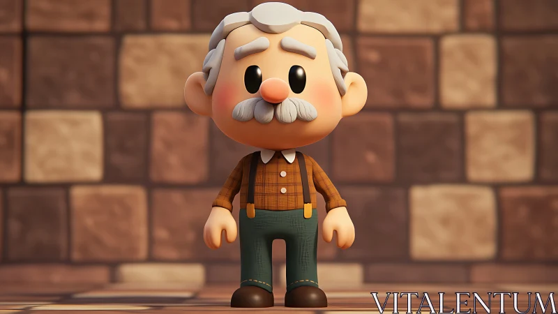 Stylized 3D elderly man character in plaid shirt and braces.