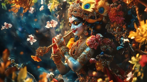 Divine blue-skinned figure plays flute amid dense floral ornaments