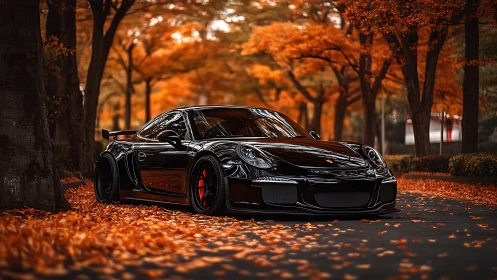 Black sports car parked on leaf-covered autumn street.