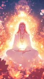 Radiant monk in lotus pose within blazing golden aura.