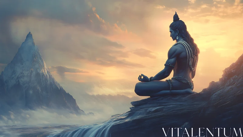 Meditating deity silhouette over misted Himalayan peak.