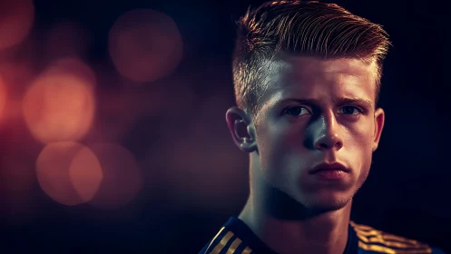 Focused young athlete stares ahead under dramatic arena lights