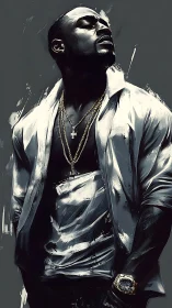 Midnight swagger crowned in paint-slick light and gold chains.