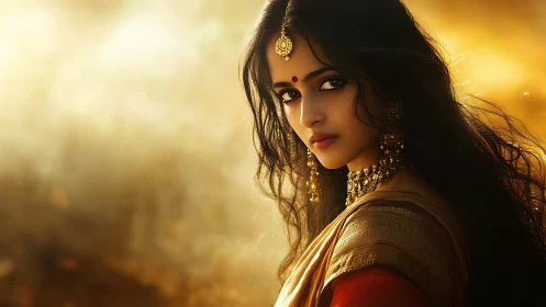 Golden dusk gaze of a jeweled woman wrapped in silence.