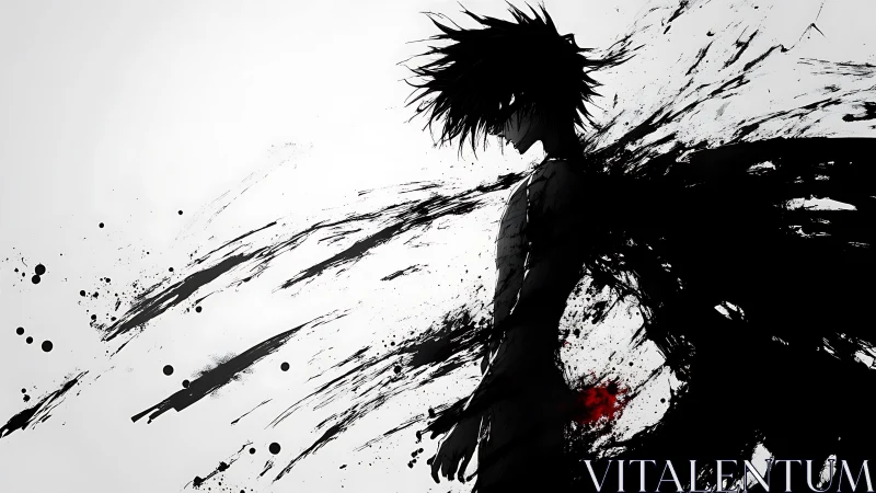 Ink-born shadow warrior dissolving into storm-black streaks.