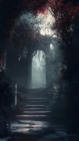 Haunted stone stairway beneath overgrown forest archway.