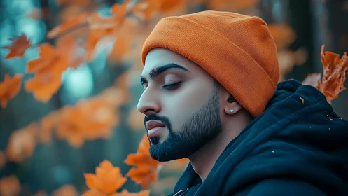 Man in orange beanie among autumn leaves, side profile shot.