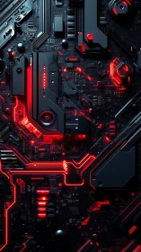 Cybernetic motherboard architecture with red neon circuit pathways