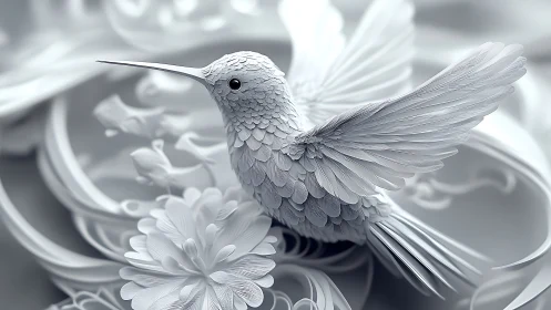 Monochrome hummingbird sculpted in intricate paper relief.