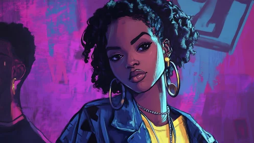 Neon murals listen while a cool-eyed muse owns the night