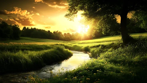 Sunlit meadow stream whispers softly beneath glowing skies