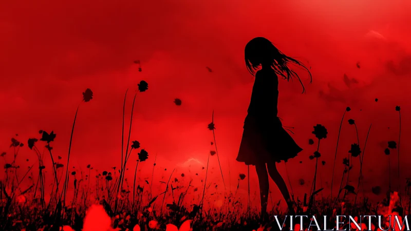 Silhouetted girl in red poppy field under atmospheric sky