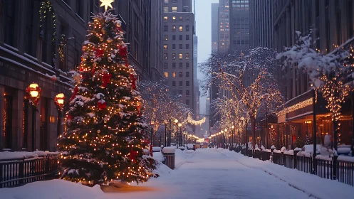 Snow covered city street with illuminated Christmas tree.