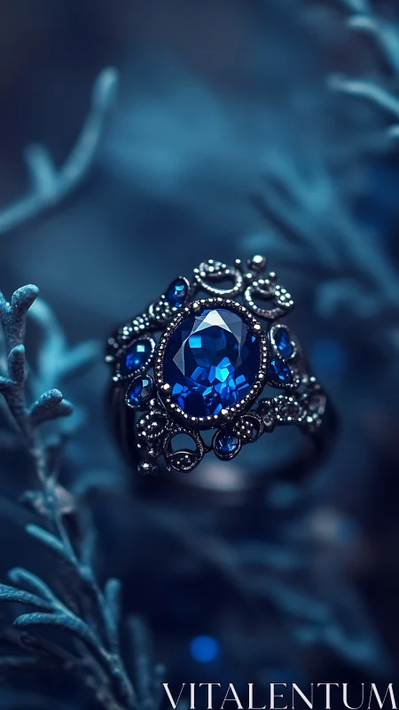 Ornate sapphire gemstone ring rests among soft blue foliage