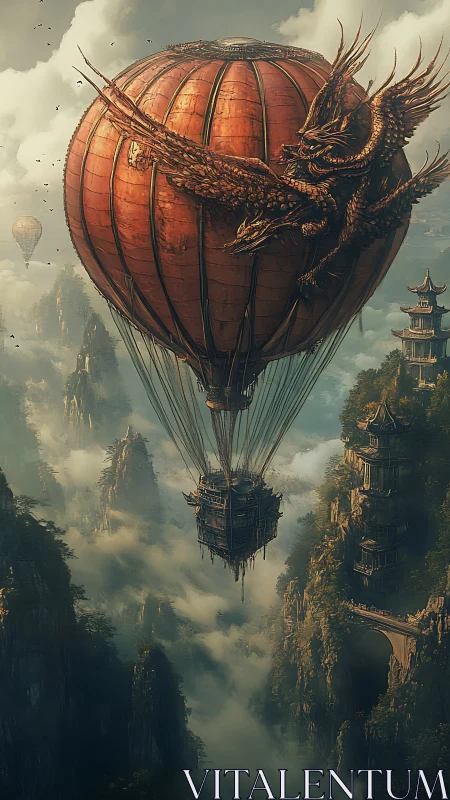 Ornate dragon airship balloon over misty karst templescape