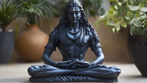 Midnight-hued Shiva statue meditates among soft greenery