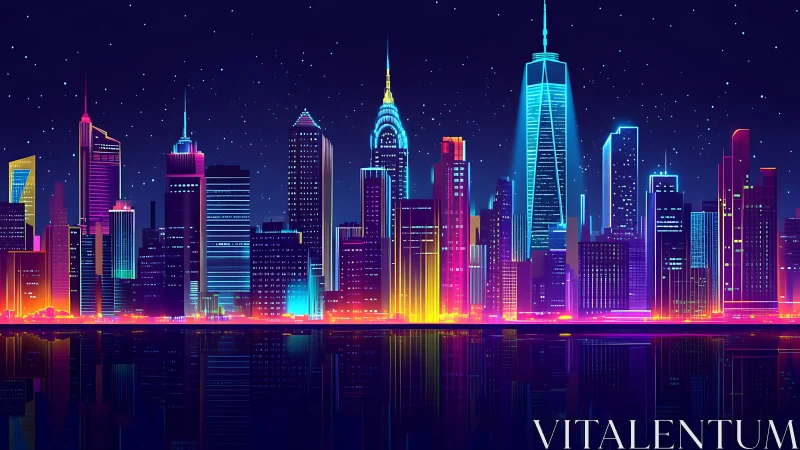 Neon futuristic city skyline glowing at night over water.