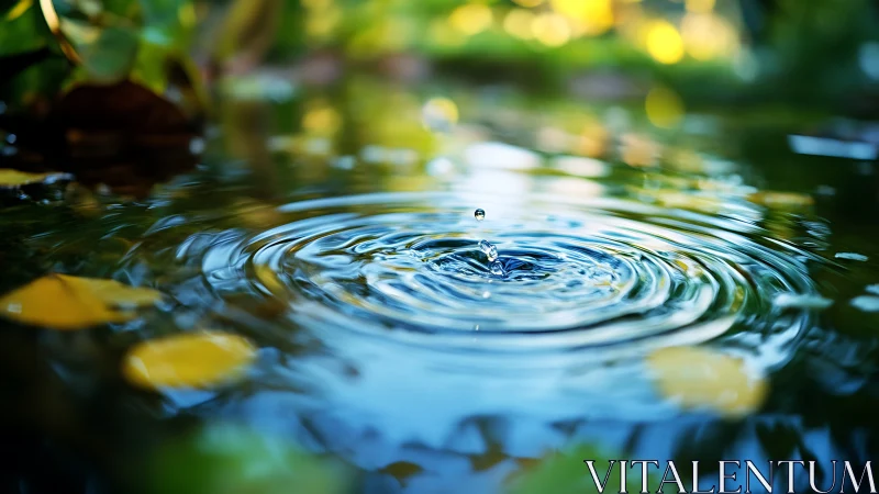 Water droplet impacts pond surface and forms circular ripples