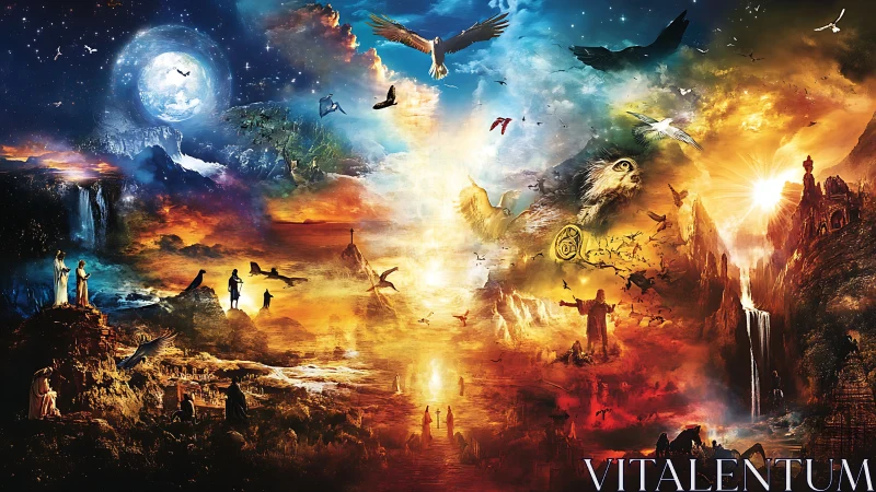 Symbolic cosmic landscape with divided celestial realms.