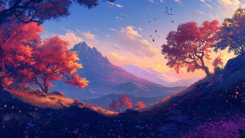 Mountain valley landscape with red trees at sunset light.