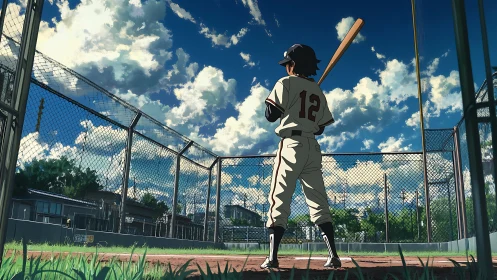 Youth baseball slugger framed by dramatic summer sky.