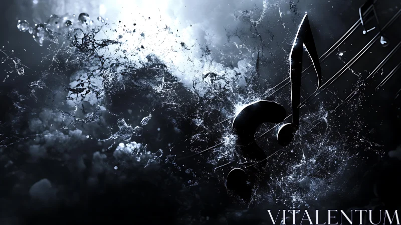 Storm-forged music notes crash through midnight water.