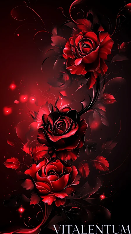 Glowing Red Roses Against Dark Background with Luminescent Effects