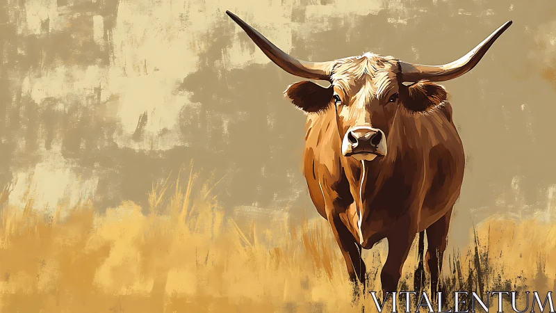 Longhorn cow standing in dry grassland, frontal view.