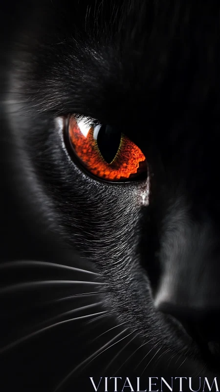 Intense close-up reveals piercing orange eye of black cat.