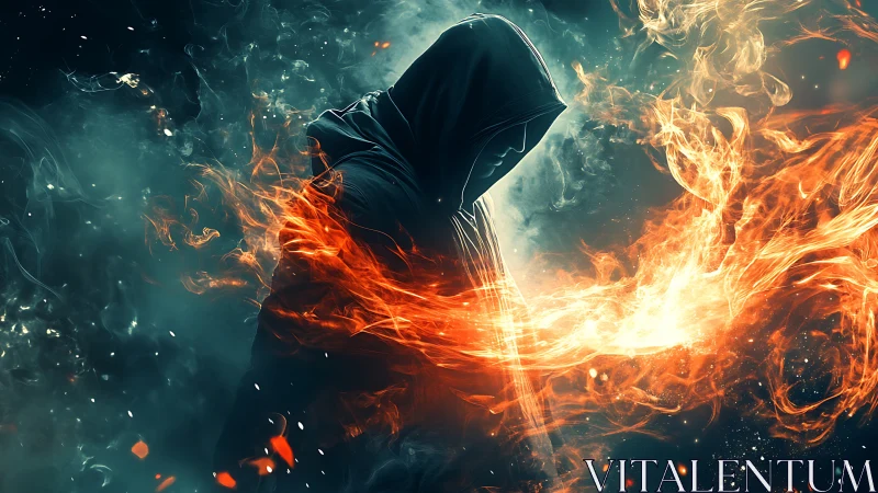 Hooded firecaster wrapped in swirling embers and smoke.