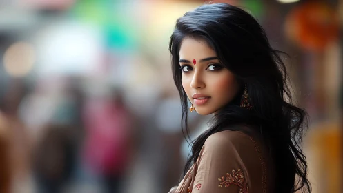 Elegant woman in traditional attire with bokeh city background.