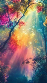 Prismatic forest dawn where rainbow light weaves through trees.
