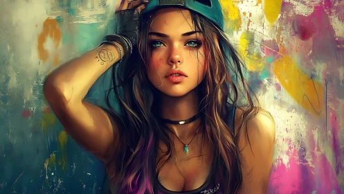 Digital portrait of young woman before abstract wall.