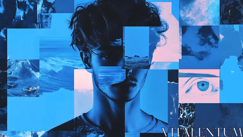 Dreamy ocean collage framing a thoughtful blue toned face.