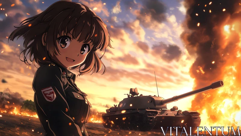 Anime tank commander girl before burning battlefield at sunset